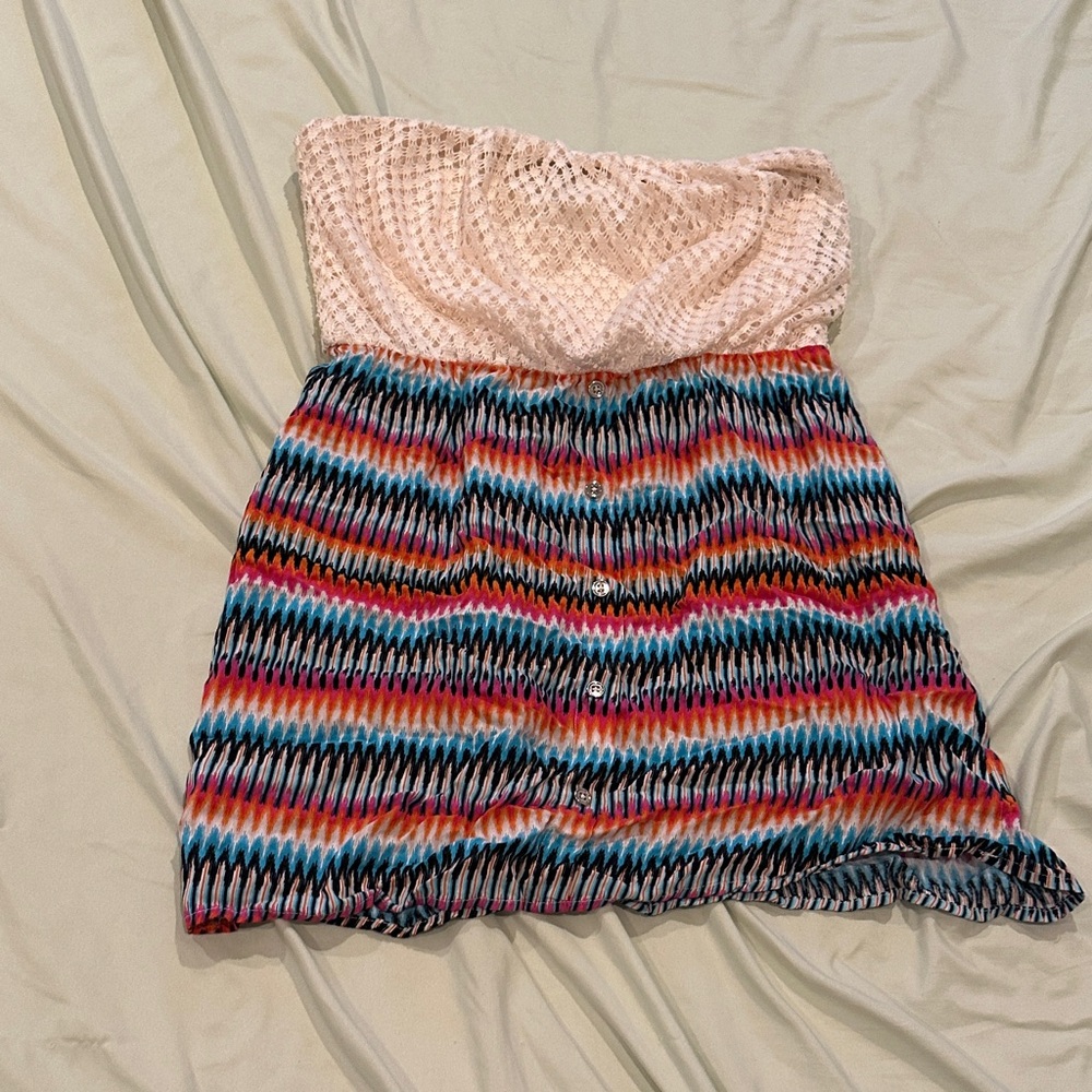 As U Wish Strapless Dress Pink Bodice Multicolor Chevron Skirt